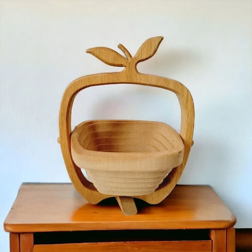 Vtg Basket Apple Shaped Tan Wooden Cut Collapsible Accent Fruit Holder Handmade